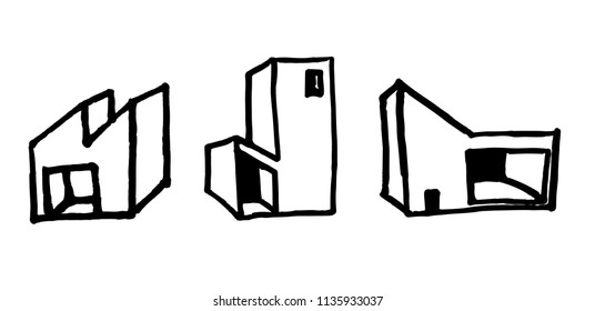 set of contemporary buildings. hand drawn illustration. pen drawing.