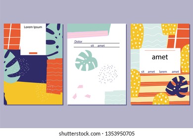 Set of contemporary cards with tropical leaf. Vector hand drawn illustration.