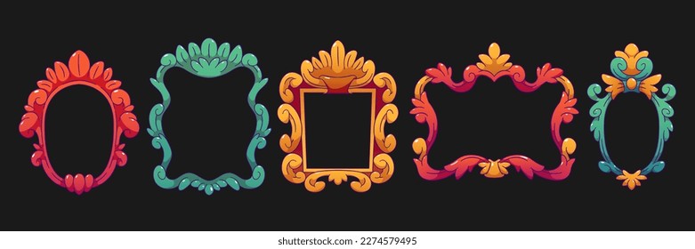 Set of contemporary cartoon frames isolated on black background. Vector illustration of colorful vintage borders for photo, picture, mirror, drawing. Retro style home or museum decoration element