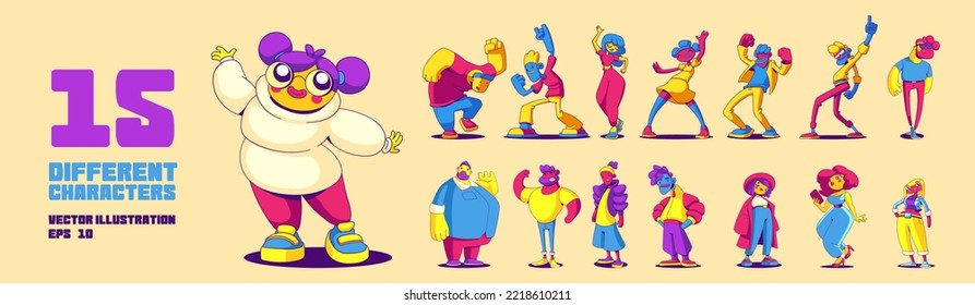 Set of contemporary characters, happy people in trendy clothes dance, posing, positive men and women rejoice and laugh. Adults and teenagers millenial hipsters, Line art cartoon vector illustration