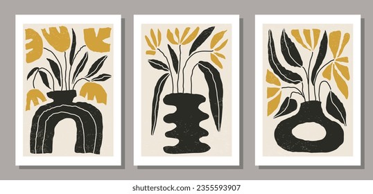 Set of contemporary collage botanical minimalist wall art poster