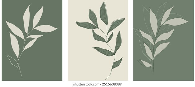 Set of contemporary collage botanical minimalist wall art poster. Abstract vector art wall foliage. Collection of hand drawn leaves, branch of leaves, line art.