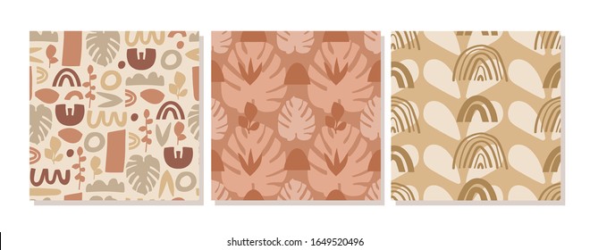 Set of contemporary collage seamless pattern. Terracotta various abstract shapes. Texture for textile, packaging, wrapping paper, social media post etc. Vector illustration.