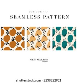 Set of Contemporary collage seamless pattern in neutral colors with abstract shapes and tropical leaves. Creative repeat background. Vector abstract design.