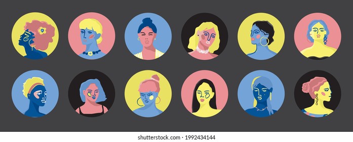 Set of contemporary decorative colorful portraits for young women in the form of a circle. Collection of girls' face art for beauty salons, avatars, and social media. Cartoon vector illustration
