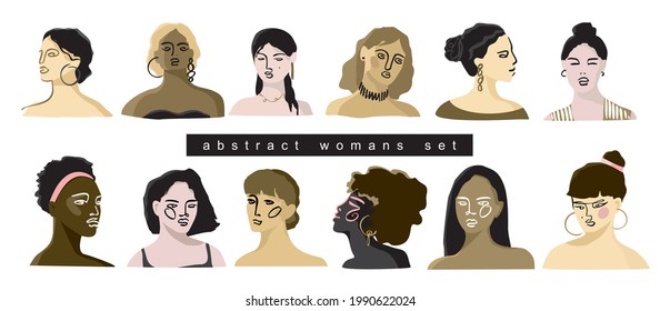 Set of contemporary decorative portraits for young women in beige colors isolated on white. Collection of girls' face art for beauty salons, avatars, and social media. Cartoon vector illustration
