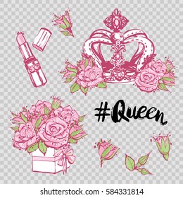 Set of contemporary elements: pink lipstick, queen hashtag, luxury queen crown, bouquet of roses. Wedding patches illustration. Vector fashion hand drawn art in watercolor style.