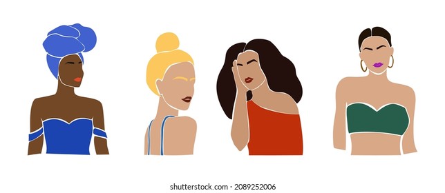 Set of contemporary fashion faceless women characters in a minimalist, abstract style. Female portraits in bohemian style. Modern paper cut mosaic vector illustration isolated on a white background.