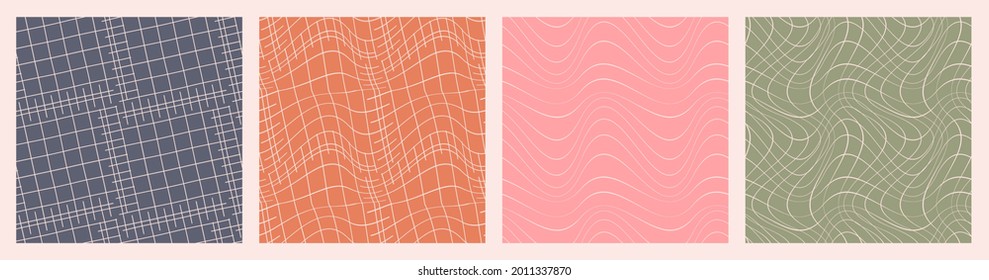Conjunto de patrones contemporáneos de onda de cuadrícula plana sin fisuras. Ilustración vectorial moderna para papel, cubierta, web, tela, superficie, decoración interior, papel pintado. Plantilla abstracta. Fondo colorido. 