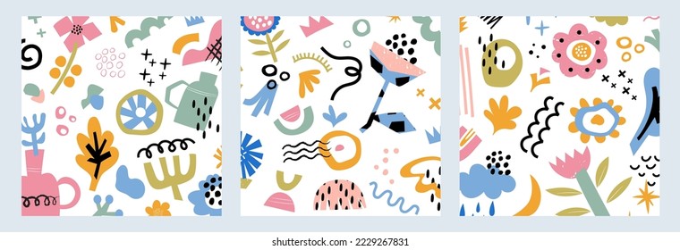 Set of contemporary floral cutouts. Vector illustration of hand drawn flowers, leaves, creative shapes and doodle design elements on white background. Collection of abstract seamless backgrounds