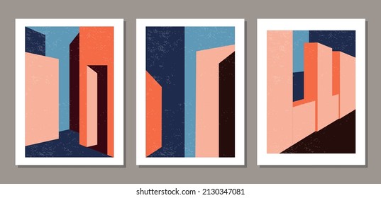Set of contemporary geometry architecture posters in mid century modern style