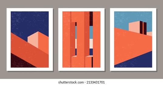 Set of contemporary geometry architecture posters in mid century modern style