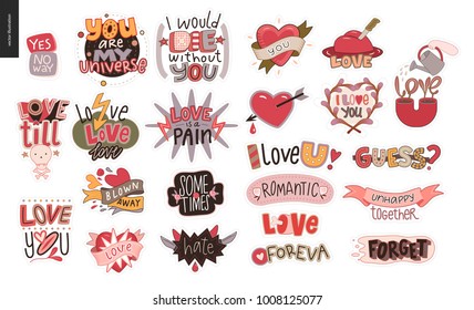 Set of contemporary girlie Love letter logo. A set of vector patches, logo and letter composition. Vector stickers kit.