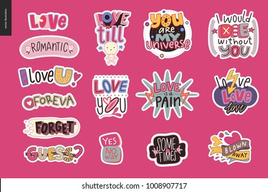 Set of contemporary girlie Love letter logo. A set of vector patches, logo and letter composition. Vector stickers kit.