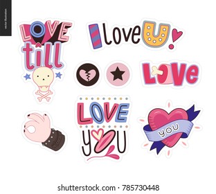 Set of contemporary girlie Love letter logo. A set of vector patches, logo and letter composition. Vector stickers kit.