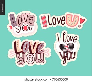 Set of contemporary girlie Love You letter logo. A set of vector patches, logo and letter composition. Vector stickers kit.
