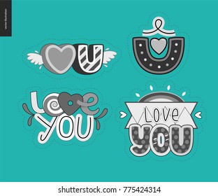 Set of contemporary girlie Love You letter logo. A set of vector patches, logo and letter composition. Vector stickers kit.