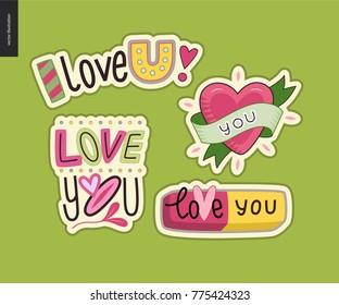 Set of contemporary girlie Love You letter logo. A set of vector patches, logo and letter composition. Vector stickers kit.