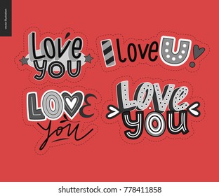Conjunto de contemporâneo feminino Love You logotipo carta. Um conjunto de patches vetoriais, logotipo e composição de letras. Kit de adesivos de vetor.