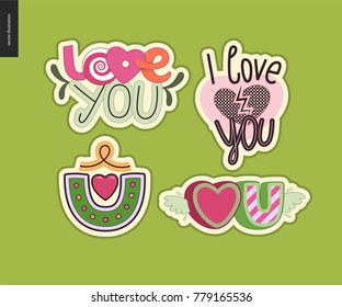 Set of contemporary girlie Love You letter logo. A set of vector patches, logo and letter composition. Vector stickers kit.