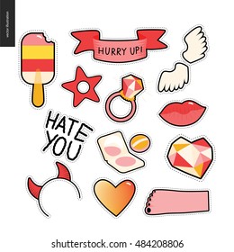 Set of contemporary girlish patches elements. A set of vector girls stuff like makeup, hearts, phrases, notes, stickers, stars, wings, tape, popsicle, lips. Vector stickers kit.
