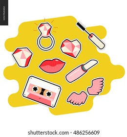 Set of contemporary girlish patches elements. A set of vector girls patches stuff like makeup, hearts, cassette tape, wings, mascara brush, diamonds, lips, patches stitches, lipstick