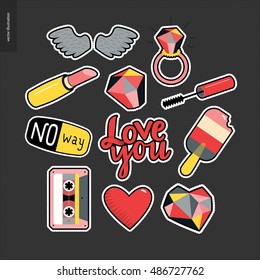 Set of contemporary girlish patches elements. A set of vector girls stuff like makeup, hearts, phrases Love you, Hate you,hurry up, No way, stars, wings, tape, popsicle, lips. Vector stickers kit.