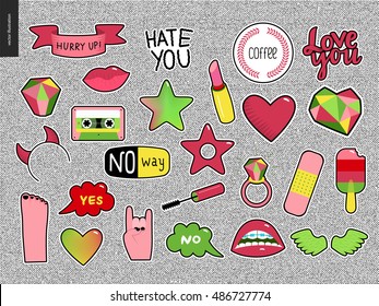 Set of contemporary girlish patches elements. A set of vector girls stuff like makeup, hearts, phrases, notes, stickers, stars, wings, tape, popsicle, lips Vector stickers kit