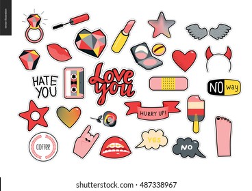 Set of contemporary girlish patches elements. A set of vector girls stuff like makeup, hearts, phrases, notes, stickers, stars, wings, tape, popsicle, lips Vector stickers kit