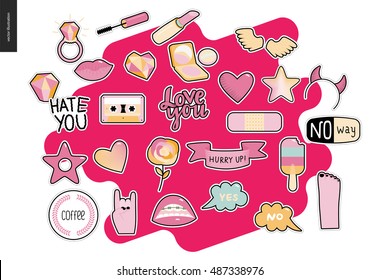 Set of contemporary girlish patches elements. A set of vector girl stuff including cosmetics, lips, hands, hearts, stars, wings, and few writings. Vector stickers kit.