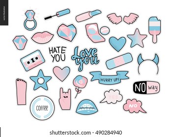 Set of contemporary girlish patches elements. A set of vector girls stuff like makeup, hearts, phrases, notes, stickers, stars, wings, tape, popsicle, lips Vector stickers kit