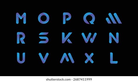 Set of contemporary gradient blue and purple abstract letter logos, featuring , on a dark black background.	