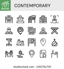 Set of contemporary icons. Such as Location, Desk, Contact information, Browser, Stool, Dressing table, Dome, Park tower, Coffee machine , contemporary icons