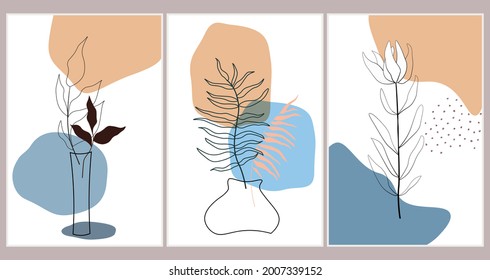 Set of contemporary minimalistic abstract art poster a branch of a plant, palm trees in a vase on a background of simple shapes. Vector graphics.