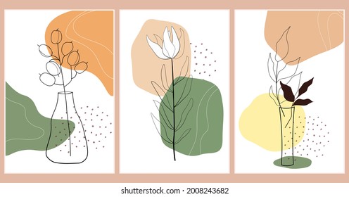 Set of contemporary minimalistic abstract art poster a branch of a plant, palm trees in a vase on a background of simple shapes. Vector graphics.
