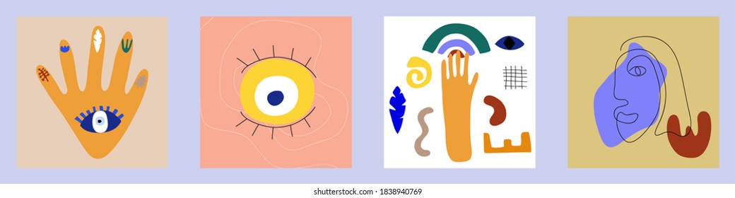 Conjunto de cubiertas abstractas contemporáneas modernas. Diseño minimalista a la moda. Doodle de formas geométricas en tonos pastel, aislado en un fondo azul. Ilustración del vector