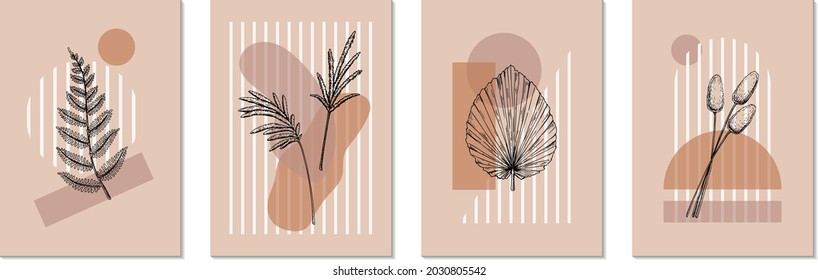 Set of contemporary modern designs with geometric shapes and hand drawn plant element. Design for poster, card, cover, print.