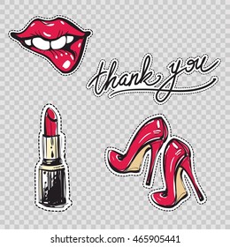 Set of contemporary patches elements: thank you calligraphy, biting lips, red heels, red lipstick. Vector hand drawn fashion illustration stikers kit. Graphic glamour sketch badges in vogue style.