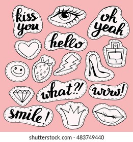 Set of contemporary patches elements:Kiss you, oh yeah, hello, smile, what, wow, eyelashes eye, lips, perfume, crown, slipper, heart. Vector stickers kit.