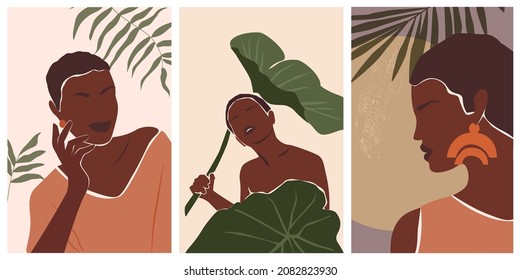 A set of contemporary portraits of beautiful African women. Minimalistic abstract tropical posters in boho style. Vector graphics.