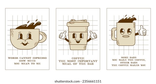 Set of contemporary poster with funny characters drinks with slogan. Coffee in glass and cup on a white background. Branding mascots sticker for bar, cafe and restaurant. Cute vector illustration.