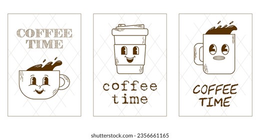 Set of contemporary poster with funny characters drinks with slogan. Coffee in glass and cup on a white background. Branding mascots sticker for bar, cafe and restaurant. Cute vector illustration.