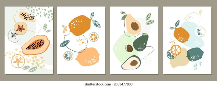 Ein Set von zeitgenössischem Poster der modernen Kunst mit Früchten. Papaya, Zitrus, Zitrone, Avocado. Ganzes Gemüse, geschnitten, einfache Formen, Minimalismus. Künstlerischer Druck. Vektorgrafiken.