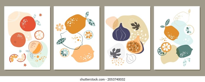 A set of contemporary poster of modern art with fruit. Mandarin, citrus, lemon, figs. Whole vegetables, sliced, simple shapes, minimalism. Artistic printing. Vector graphics.