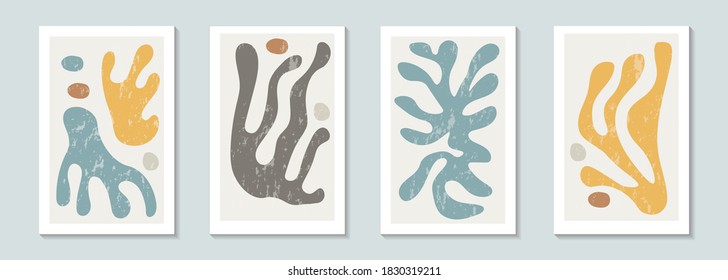 A set of contemporary posters with an abstract composition of organic forms in a trendy modern collage style, can be used for wall decoration, greeting cards, cover design, vector graphics