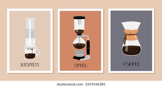 Set of contemporary posters with alternative coffee brewing methods. Syphon coffee maker and aeropress. Wall art print with speciality coffee. Trendy minimalist vector illustration for kitchen decor.