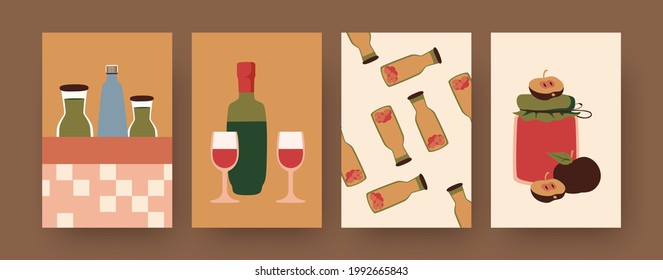 Set of contemporary posters with bottles of wine or juice. Homemade beverage and glasses cartoon vector illustrations. Picnic, summer concept for designs, social media, postcards, invitation cards