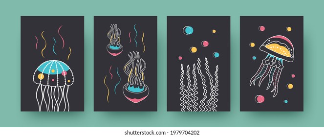 Set of contemporary posters with colorful medusas. Jellyfishes swimming, tentacles pastel vector illustrations. Marine fauna, aquarium concept for designs, social media, postcards, invitation cards