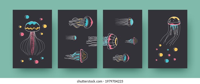 Set of contemporary posters with different medusas. Jellyfishes swimming up and sideways pastel vector illustrations. Aquarium, wildlife concept for designs, social media, postcards, invitation cards