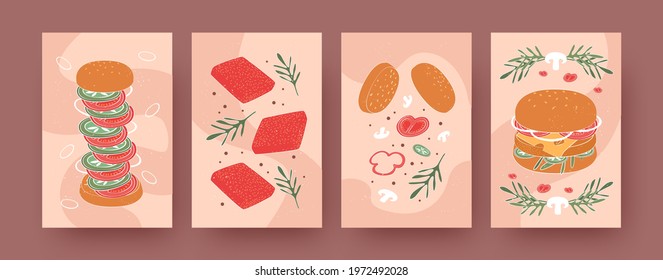 Set of contemporary posters with double cheeseburger. Bread buns, vegetables, ham and complete burger pastel vector illustrations. Fast food, menu designs for social media, postcards, invitation cards